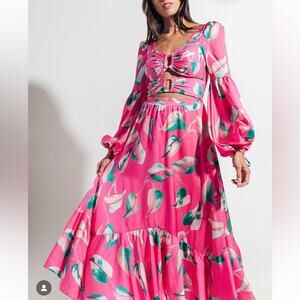 PatBO Pandola Cut Out Maxi Dress Pink Green Print Size Small